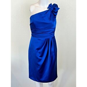 Davids Bridal One Shoulder Royal Blue Satin Rusched Dress Size 2 Prom Event